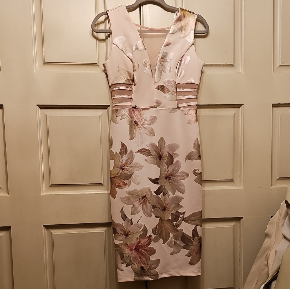 Enfocus Studio Gold and Pink Embellished Tiered Midi Dress